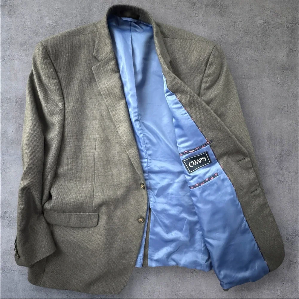 Chaps Mens Sport Coat 48R Olive Grey Micro Check Two Button Notch Lapel Blazer